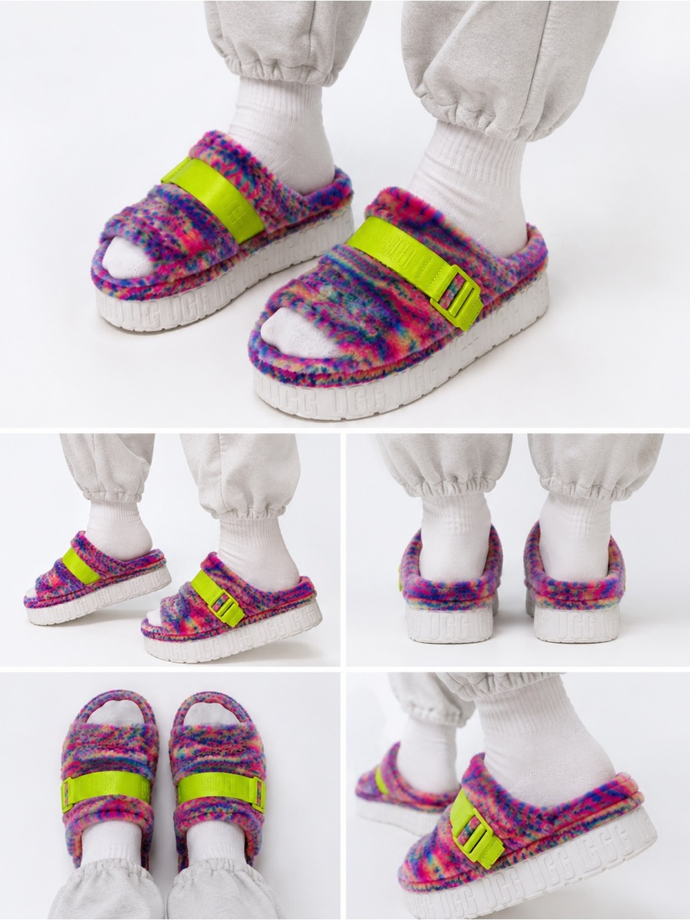 UGG Women’s Rainbow Faux Fur Platform Slide Sandals Neon Strap Size 8 EU 39